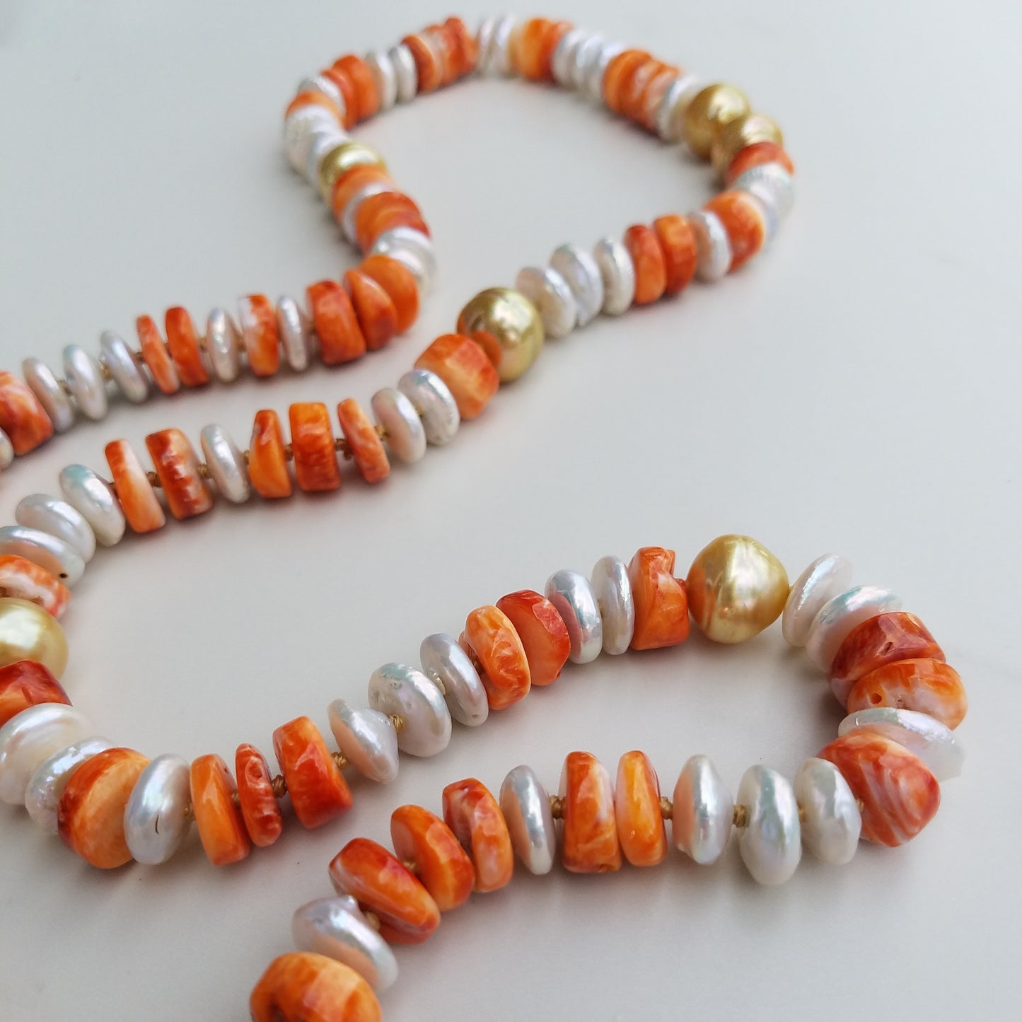9 Gold Pearl, Fresh Water Pearl, Orange Shell Necklace
