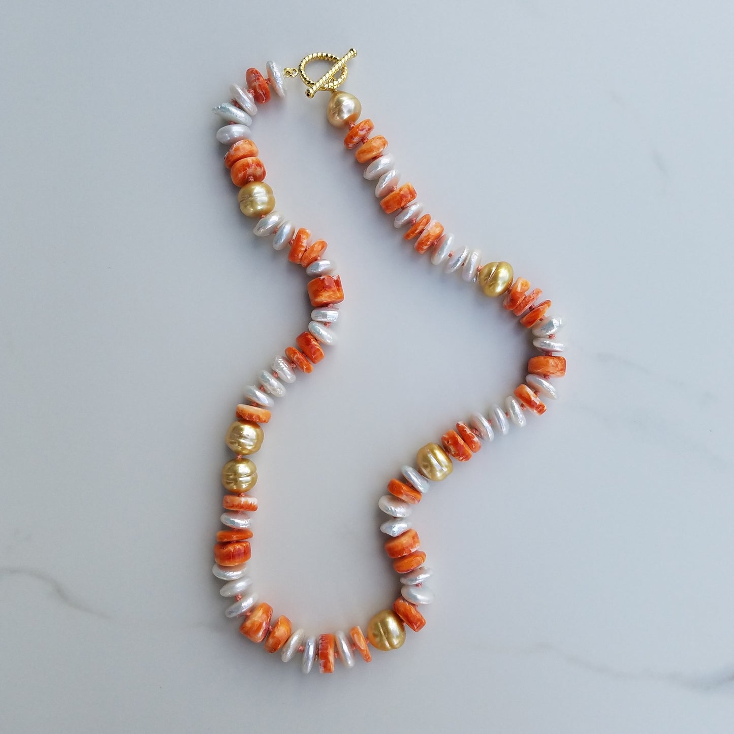 7 Gold South Sea Pearl Necklace with Fresh Water Pearl and Orange Shell