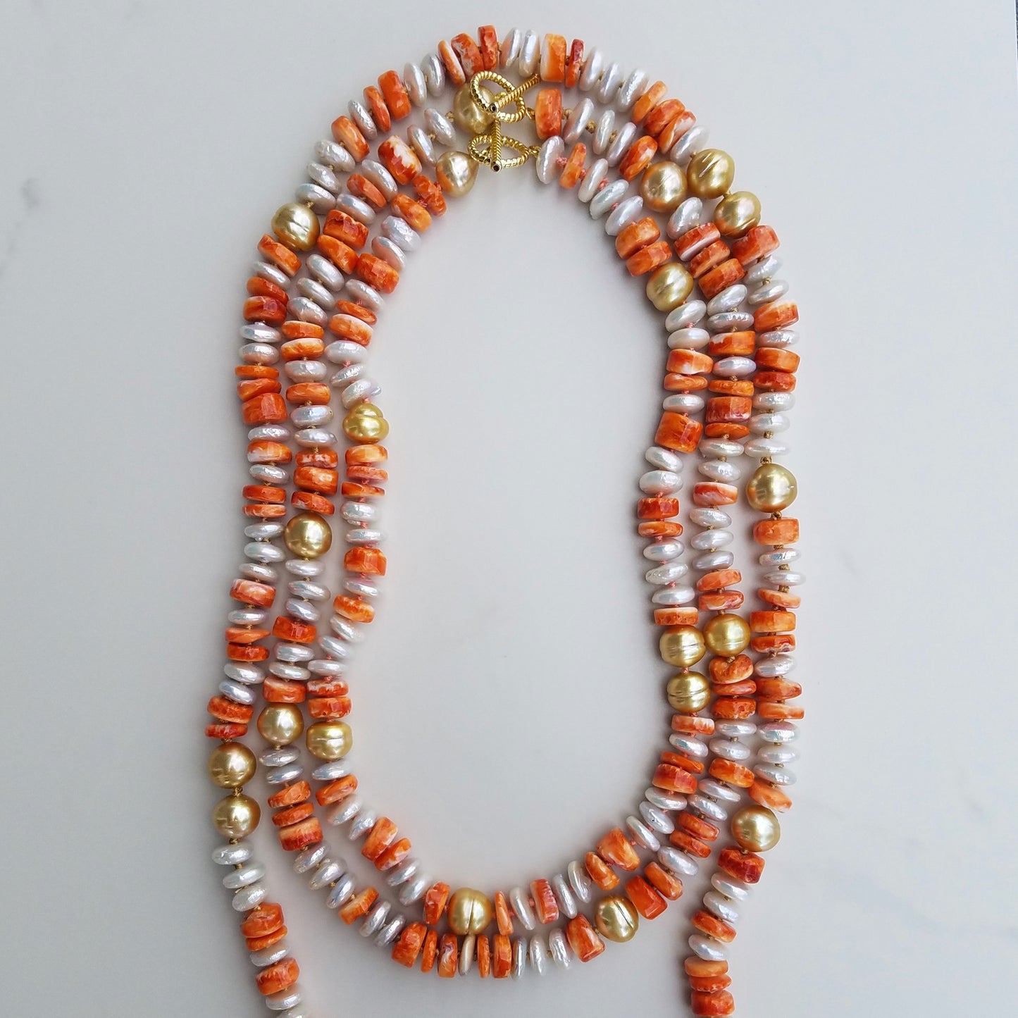 7 Gold South Sea Pearl Necklace with Fresh Water Pearl and Orange Shell