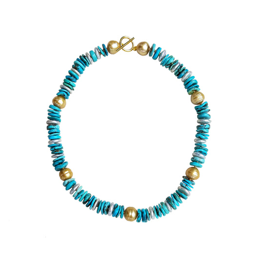 Gold South Sea and Fresh Water Pearl with Turquoise Helix Necklace