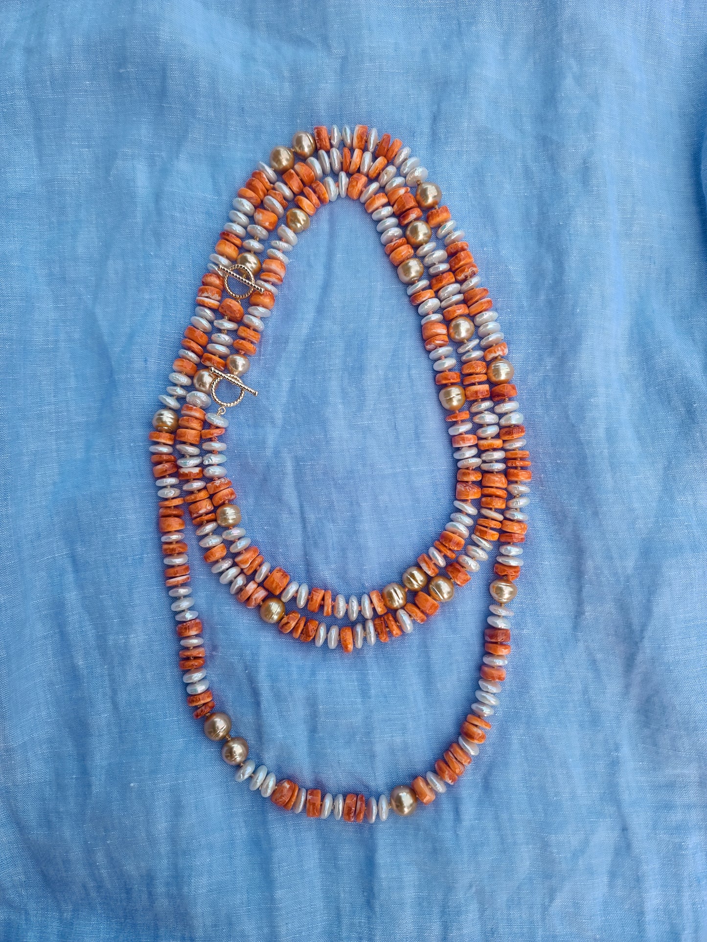 7 Gold South Sea Pearl Necklace with Fresh Water Pearl and Orange Shell