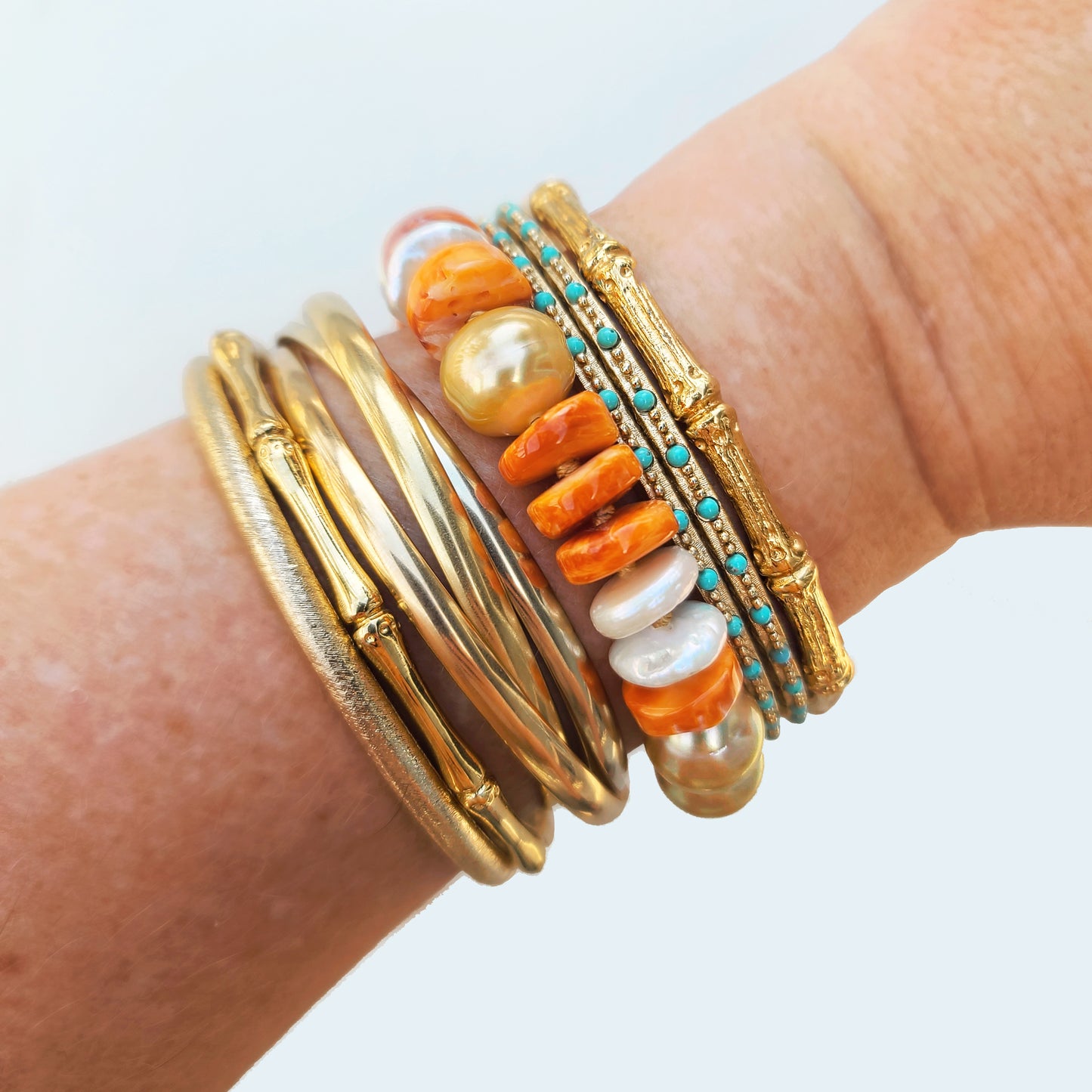 Gold Pearl and Orange Shell Bracelet
