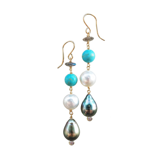 Turquoise, Pearl, and Labradorite Earrings