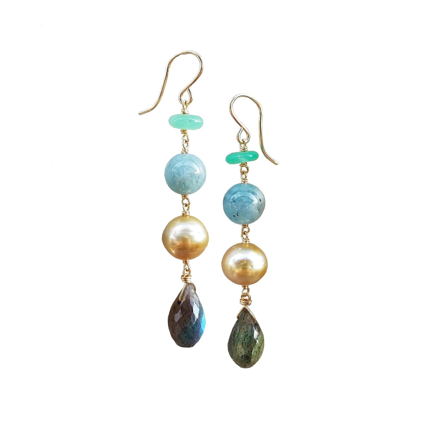 Chrysoprase, Aquamarine, Gold Pearl, and Labradorite Earrings