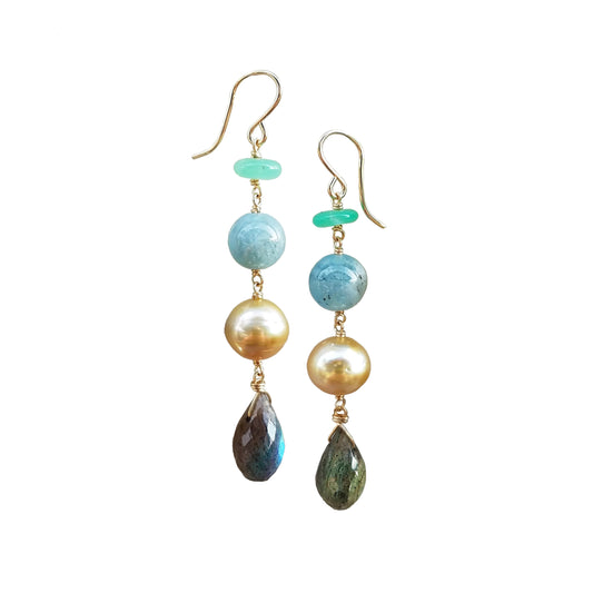 Chrysoprase, Aquamarine, Gold Pearl, and Labradorite Earrings