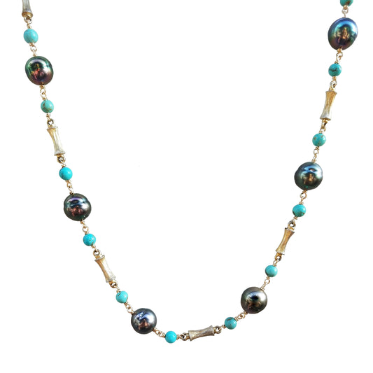 Tahitian Pearl Turquoise Vintage Bamboo Necklace