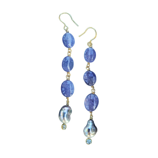Tanzanite and Tahitian Keshi Pearl Earrings