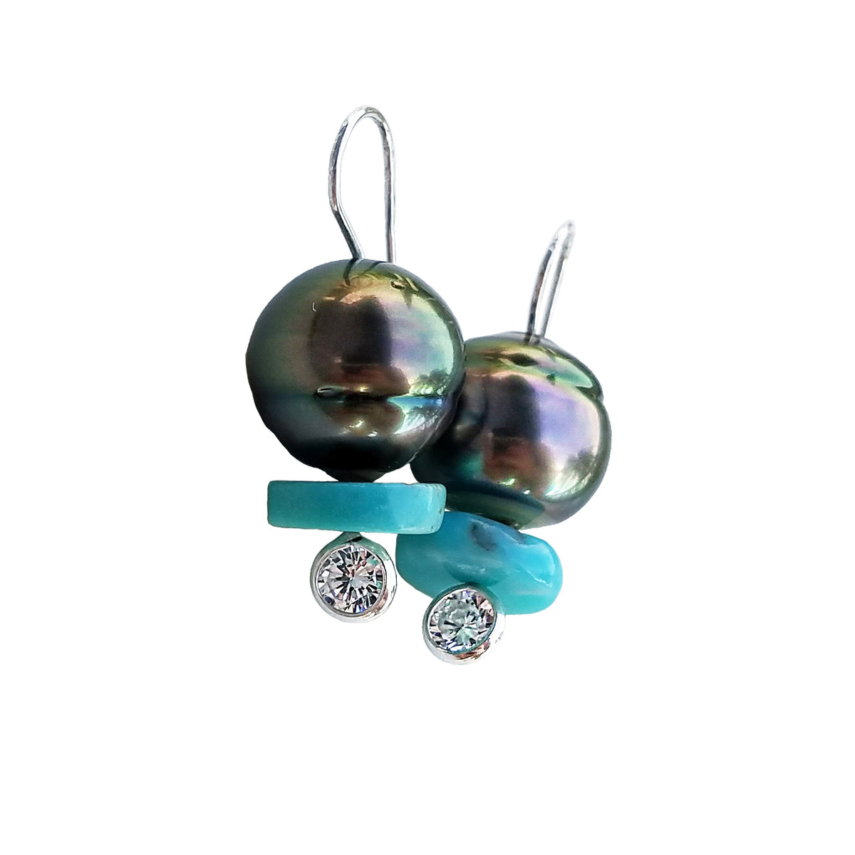 Dark Tahitian Pearl Earrings with Turquoise