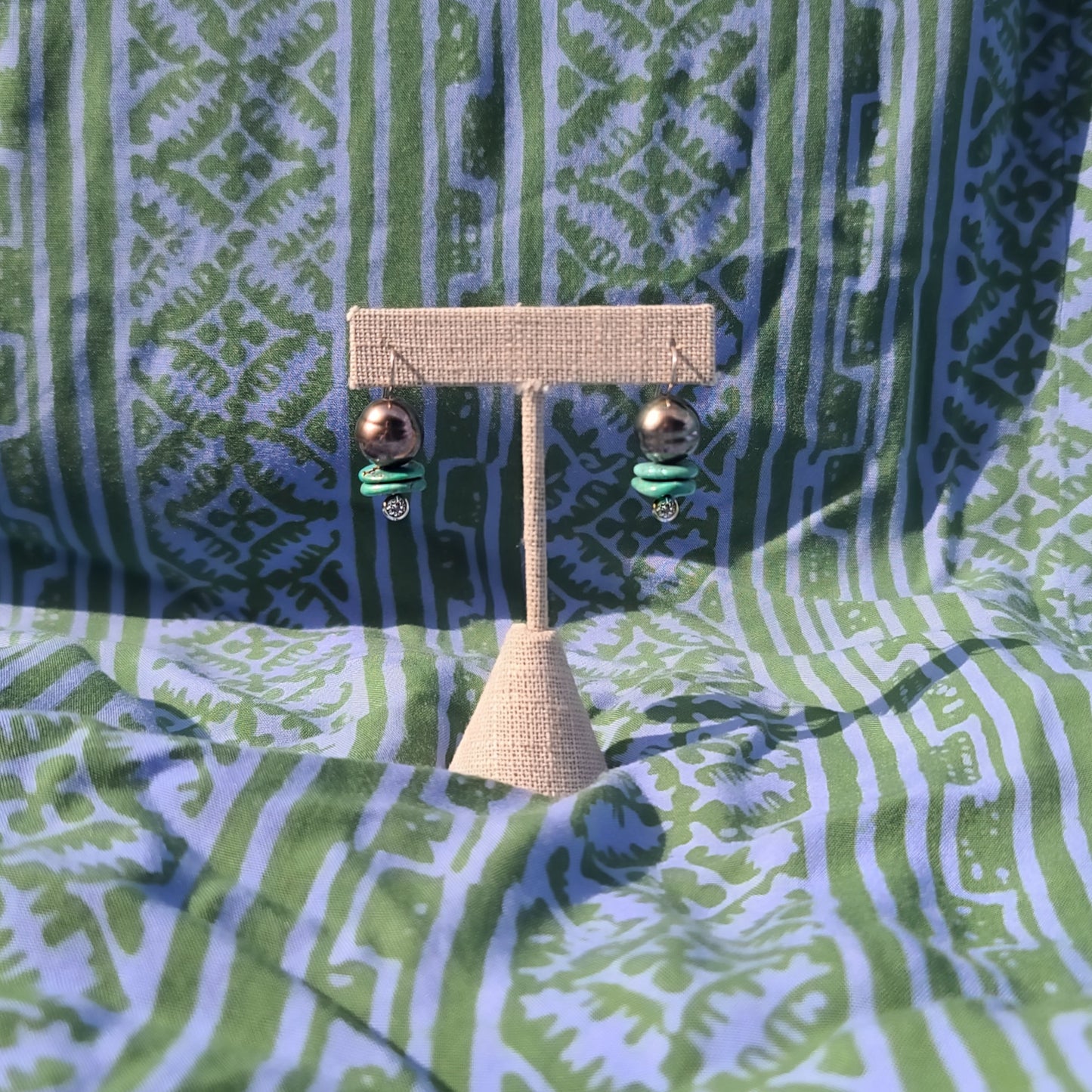 Dark Tahitian Pearls and Turquoise Slice Earrings