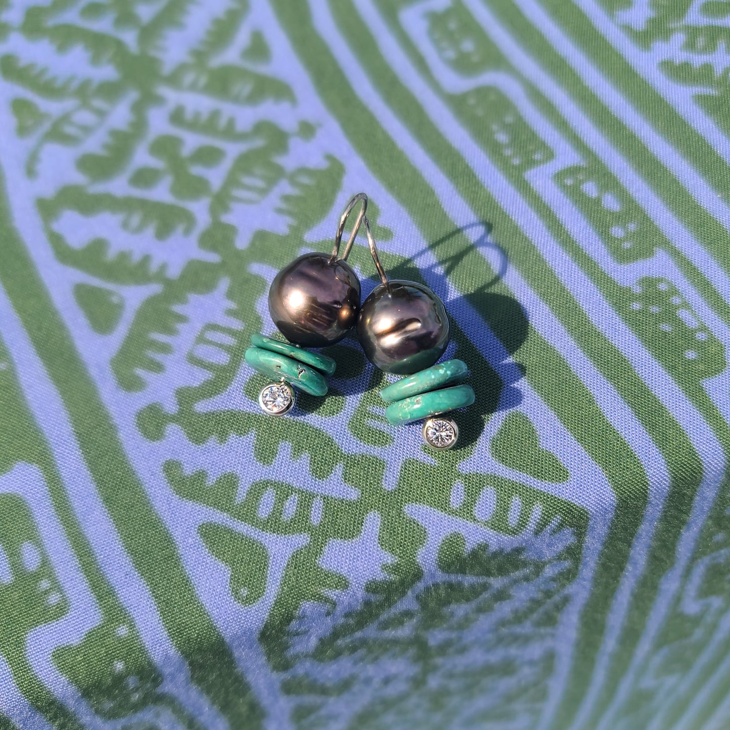 Dark Tahitian Pearls and Turquoise Slice Earrings