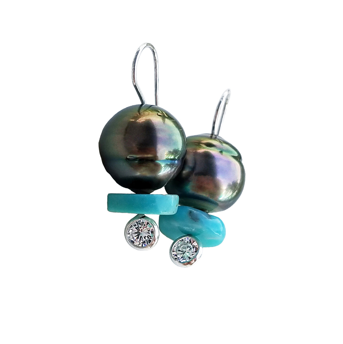 Dark Tahitian Pearl Earrings with Turquoise