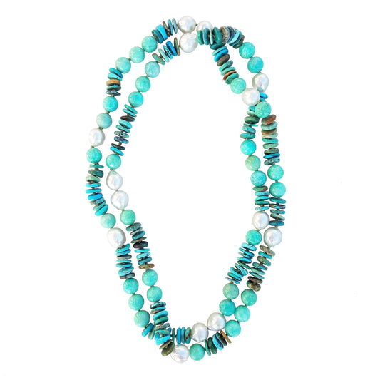 Australian Pearl, Mix Turquoise, & Amazonite Helix Necklace
