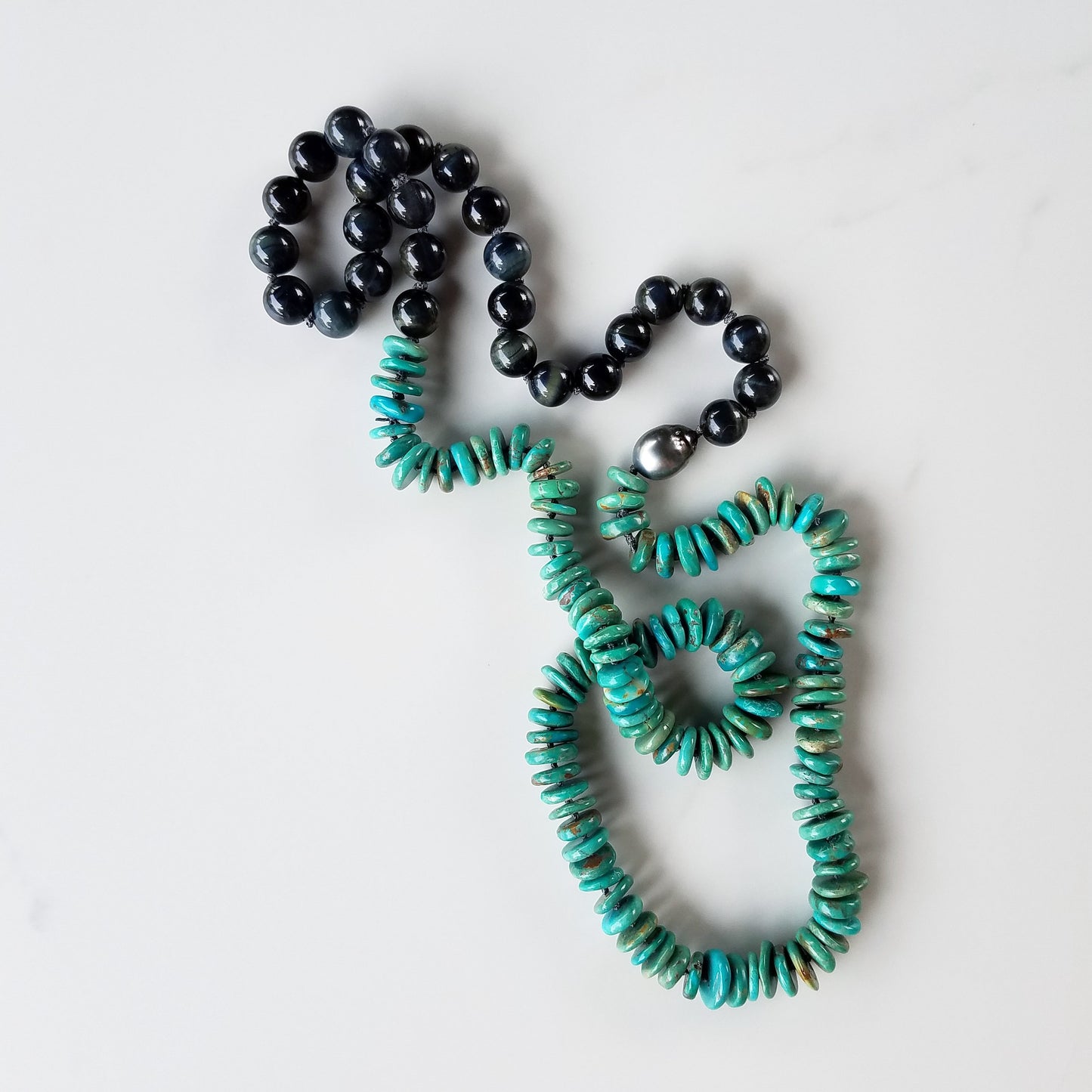 Turquoise, Cat's Eye with Tahitian Pearl Helix Necklace