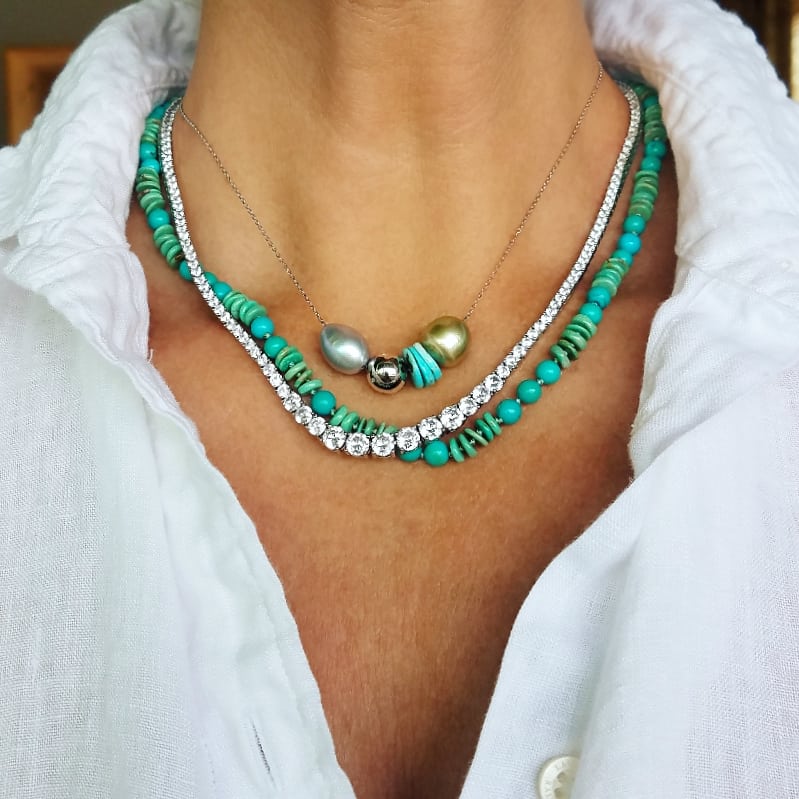 Multi Pearl, Turquoise, & Diamond 14k White Gold Necklace