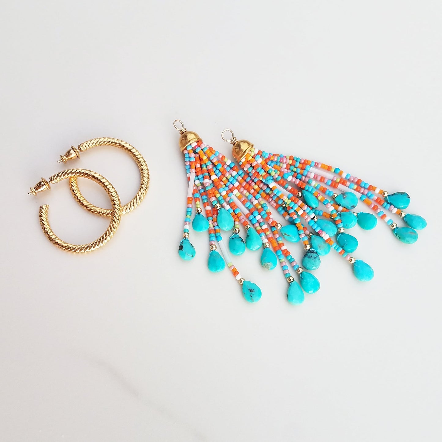 Gold Vintage Hoop with Turquoise Tassels