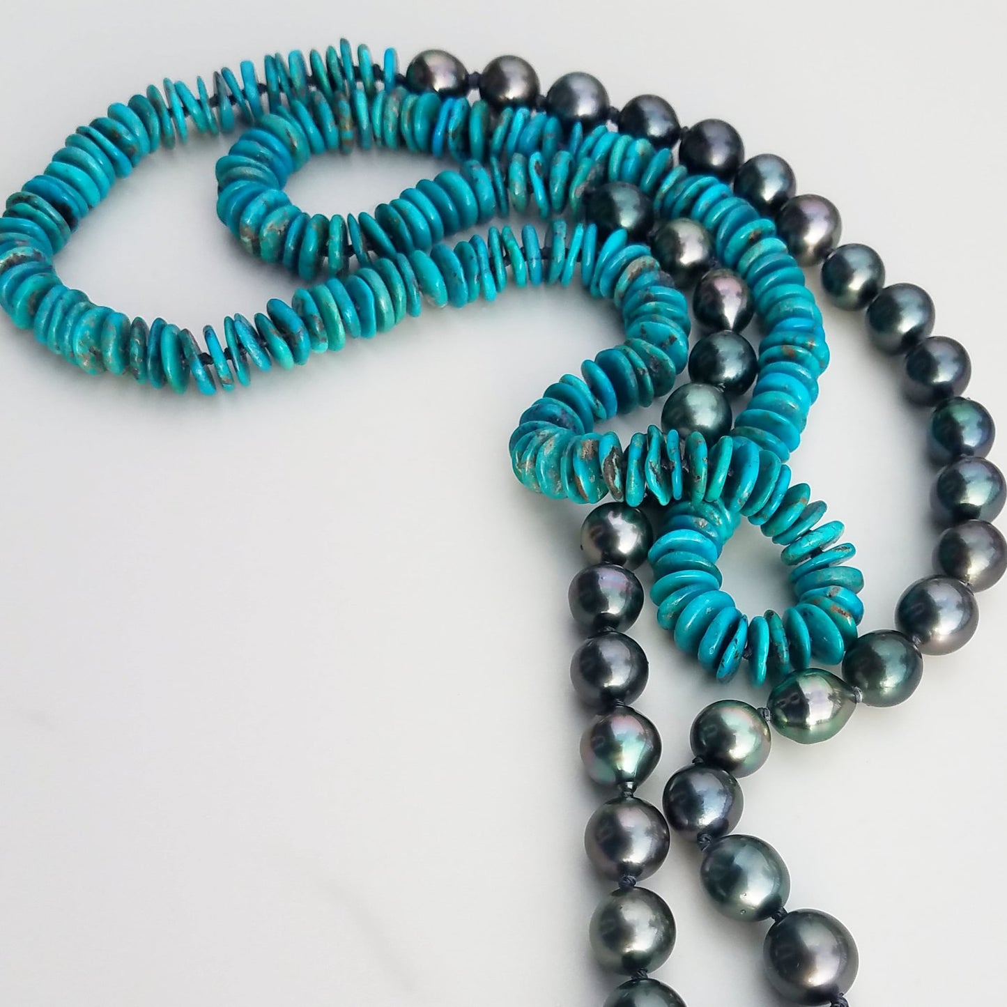 Dark Tahitian Pearl & Teal Turquoise Helix Necklace