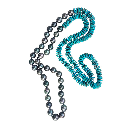 Dark Tahitian Pearl & Teal Turquoise Helix Necklace