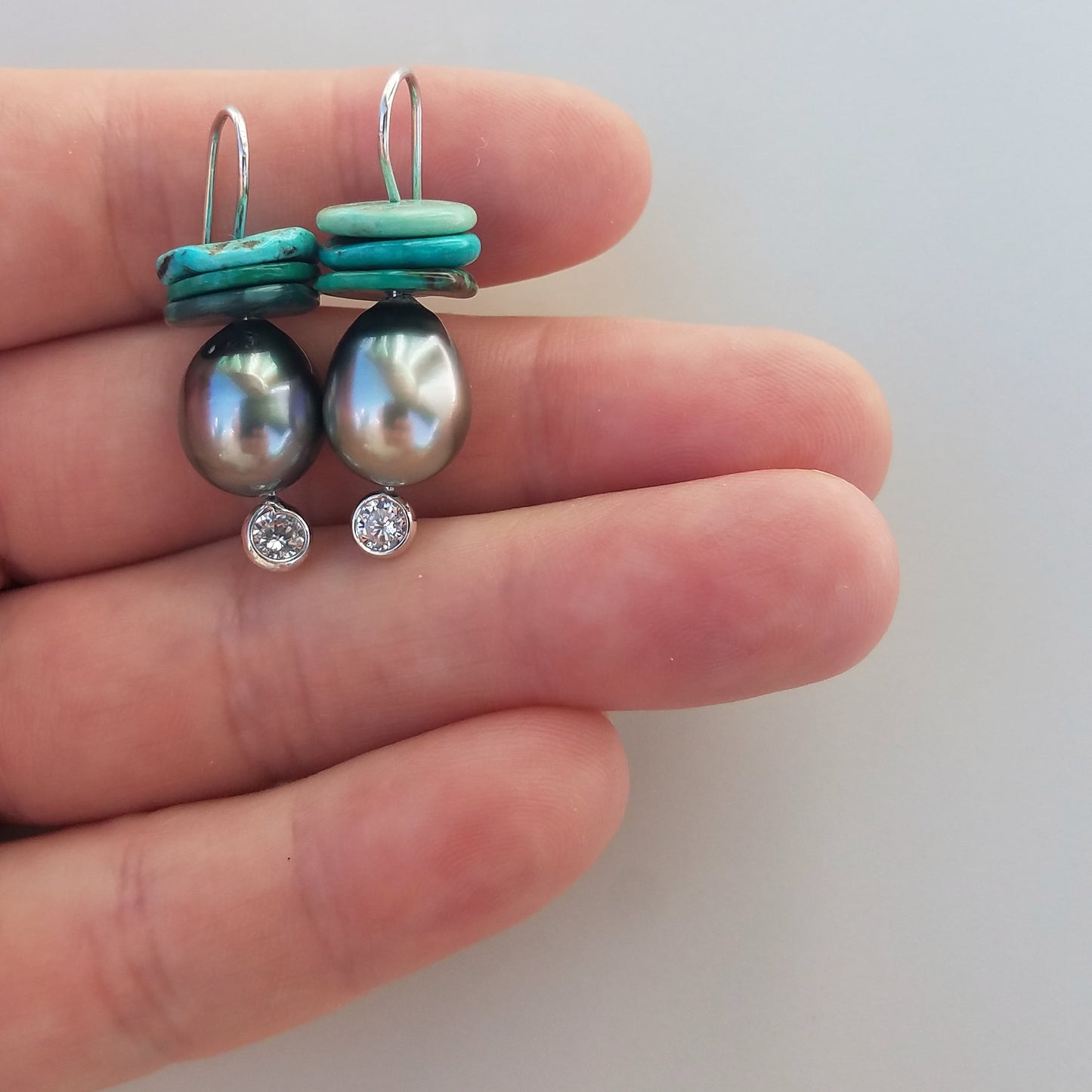 Small Tahitian Pearl & Turquoise Disc Earrings