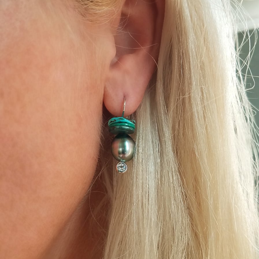 Small Tahitian Pearl & Turquoise Disc Earrings