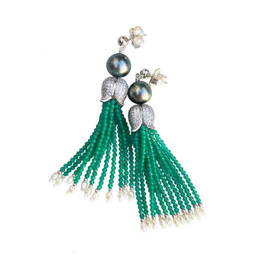 Tahitian Pearl & Green Onyx Tassel Earrings