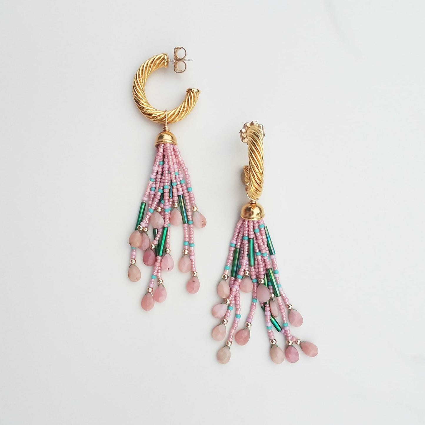 Vintage Hoop Pink Opal Tassel Earrings