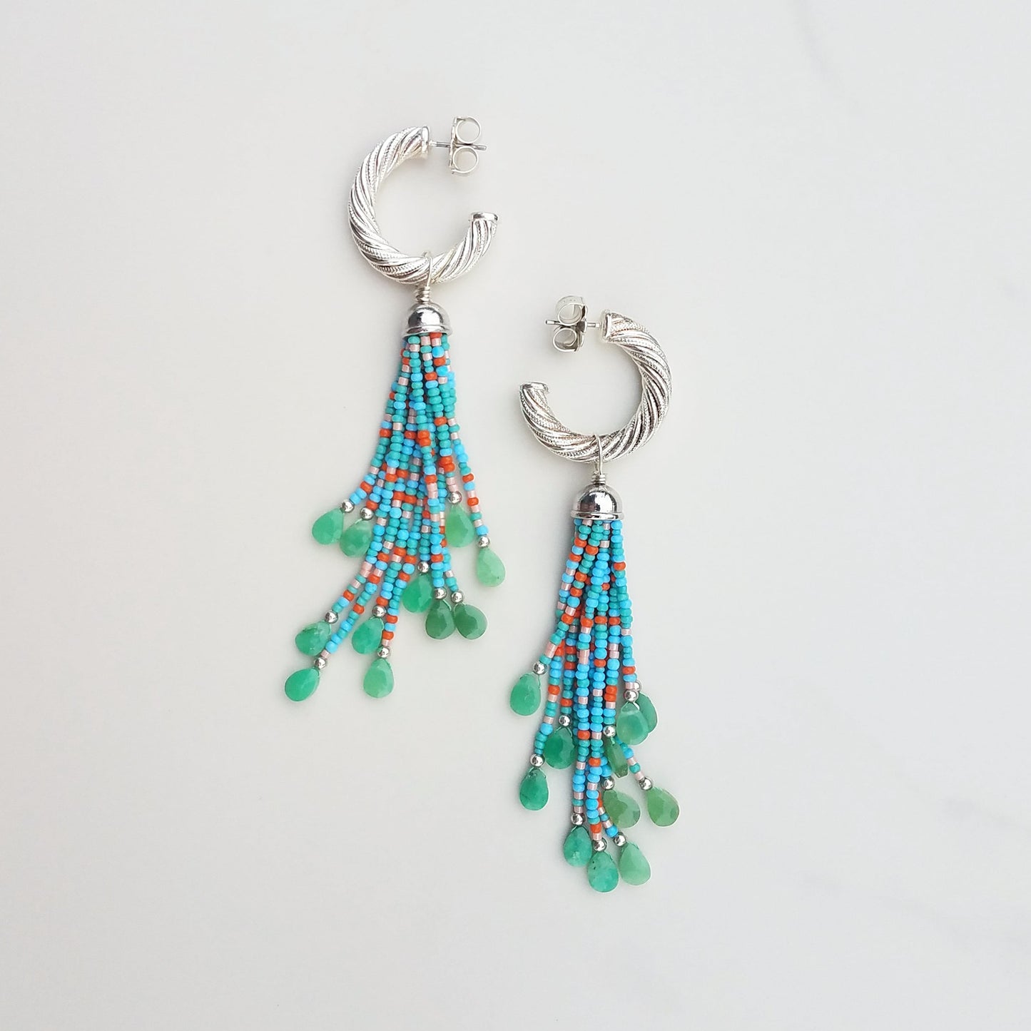 Silver Vintage Hoops with Turquoise & Chrysoprase Tassels