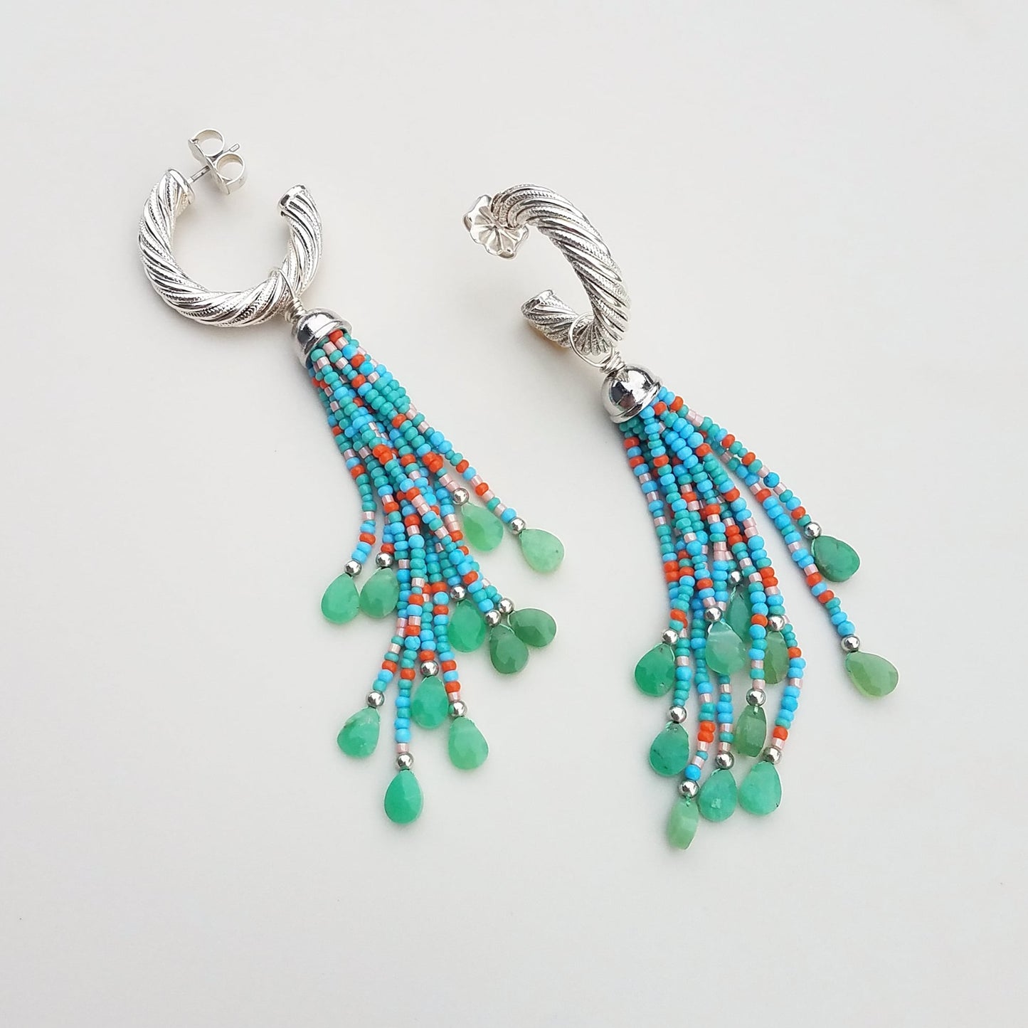 Silver Vintage Hoops with Turquoise & Chrysoprase Tassels