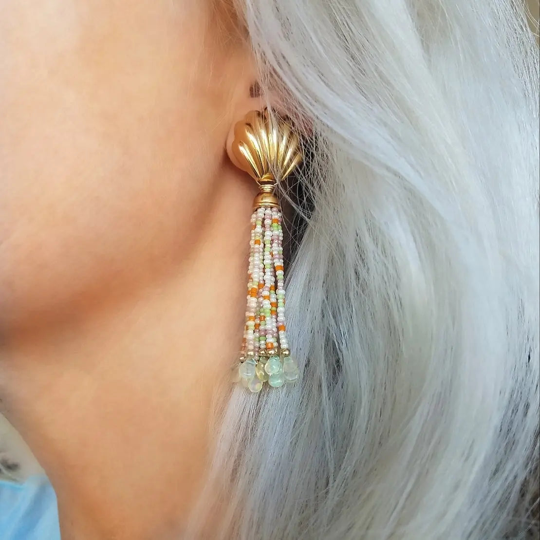 Gold Vintage Large Shell & Opal Tassel Earrings