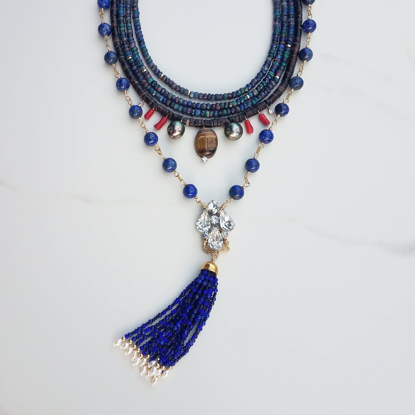 Lapis Tassel Necklace with Vintage Rhinestone