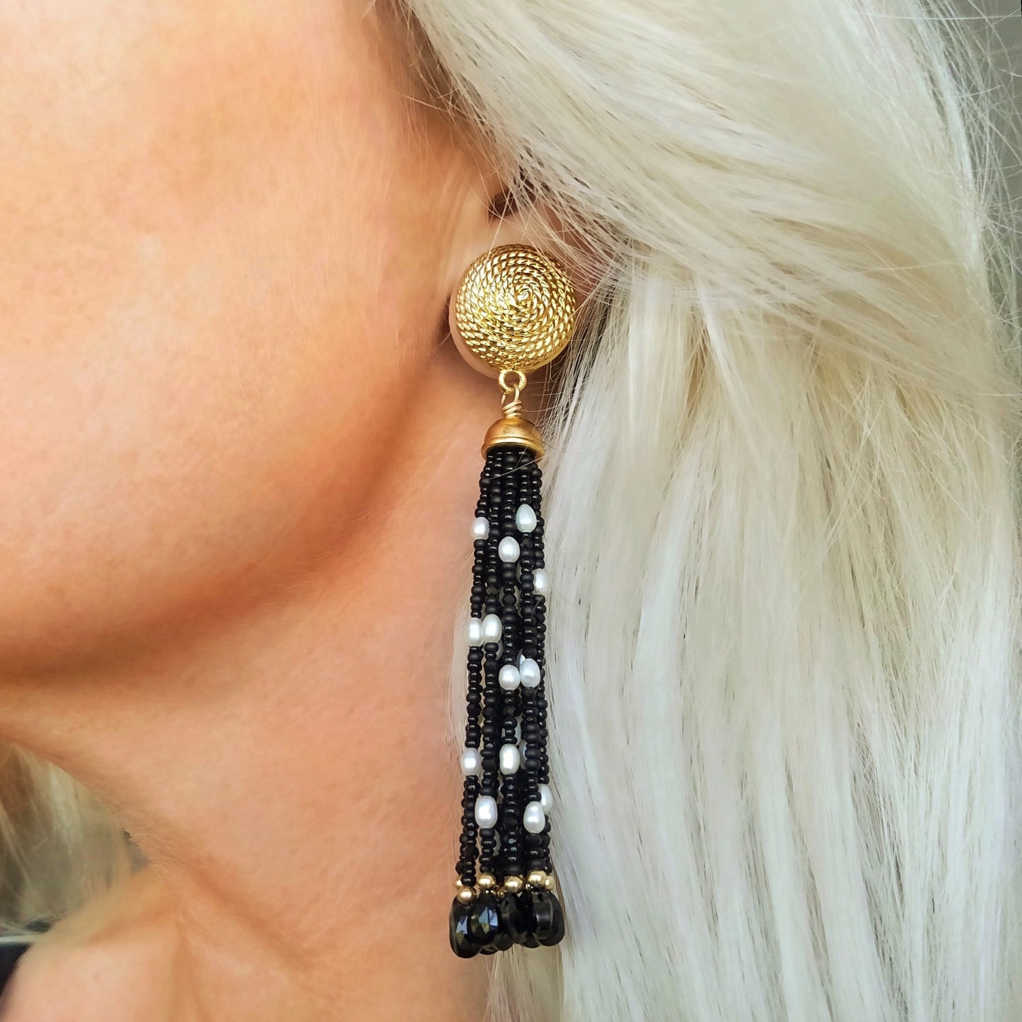 Vintage Black Spinel & Pearl Tassel Earrings