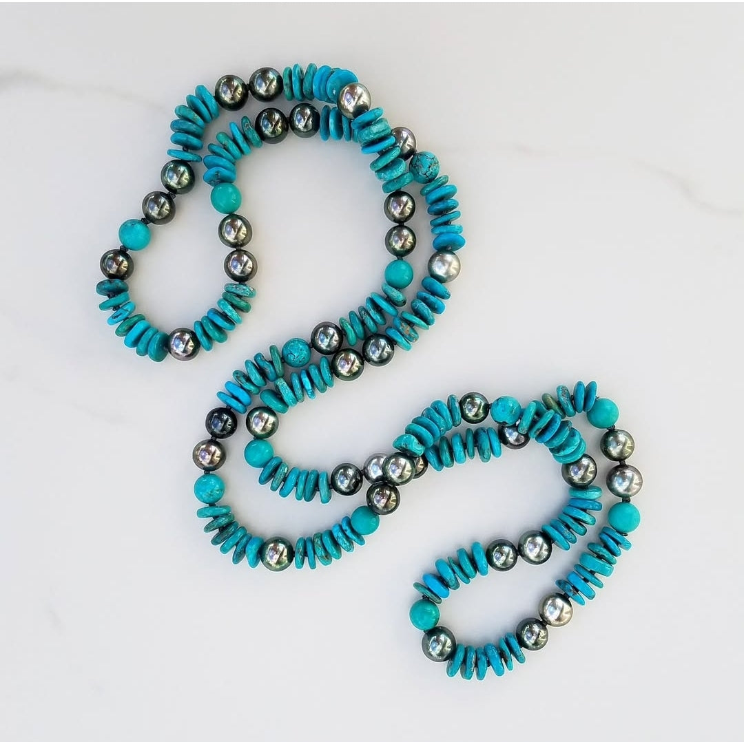 Double Turquoise & Tahitian Pearl Helix Necklace