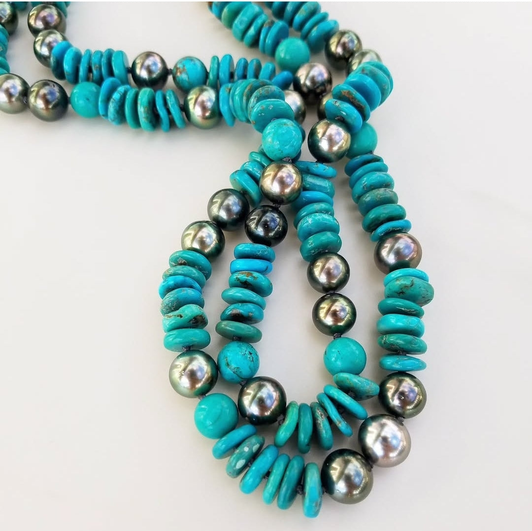 Double Turquoise & Tahitian Pearl Helix Necklace