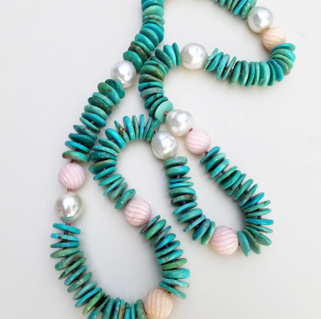 Australian Pearl with Opal and Turquoise Helix Necklace