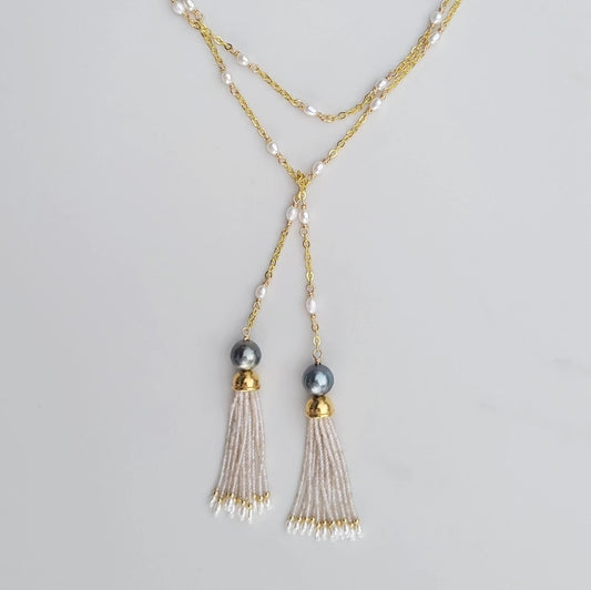Vintage Shell Pink Tassel and Pearl Earrings