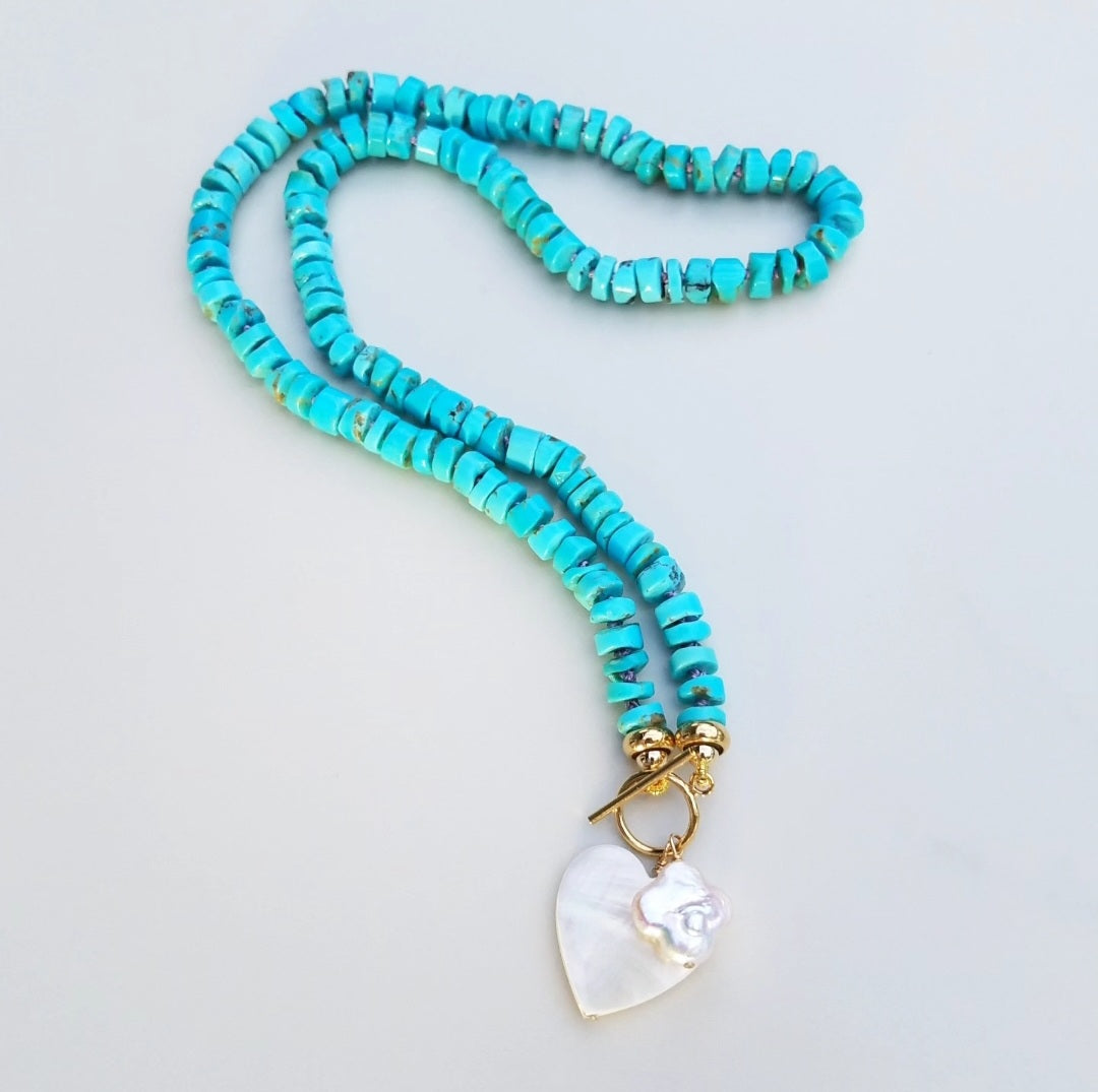 Turquoise Necklace with Clover and Heart Charms