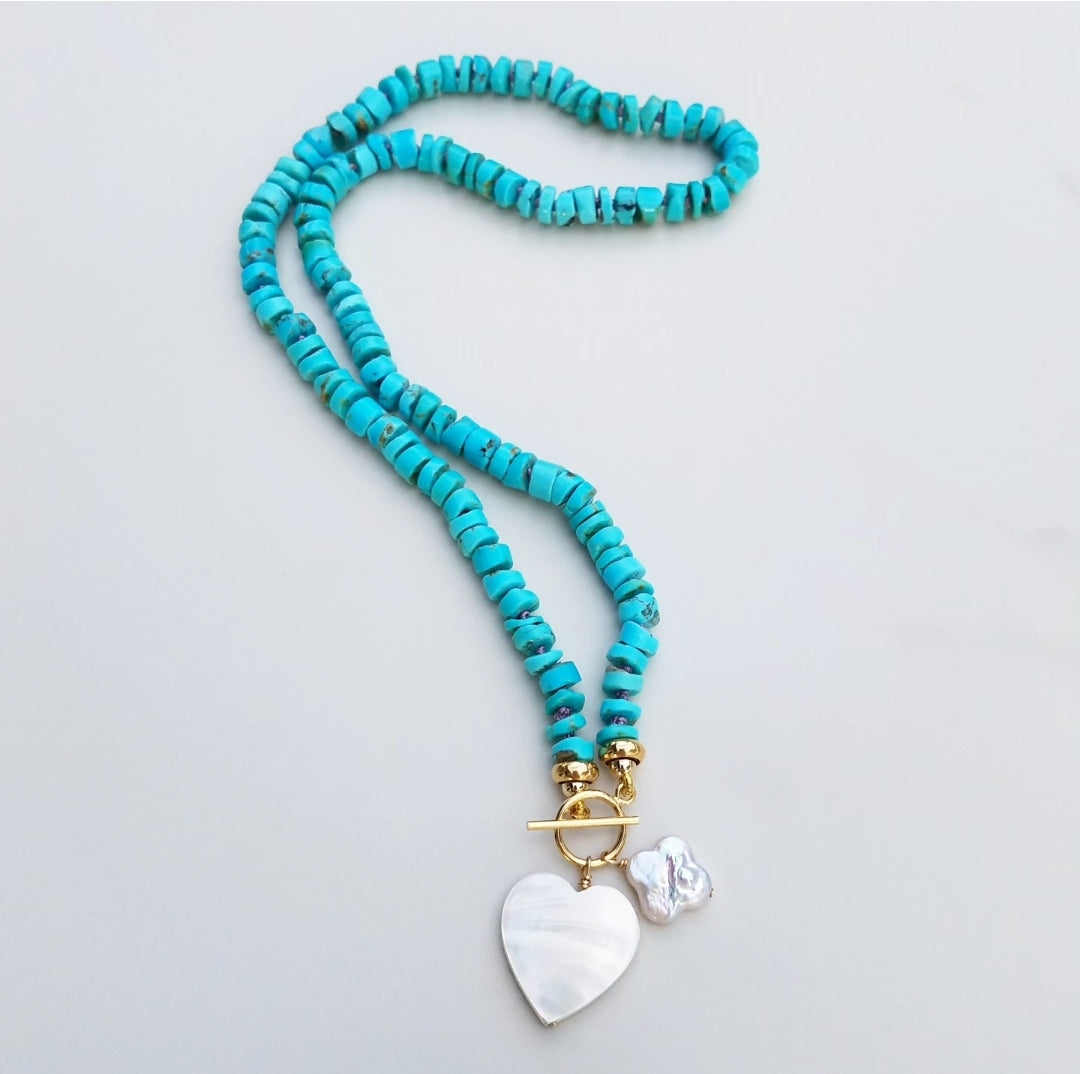 Turquoise Necklace with Clover and Heart Charms