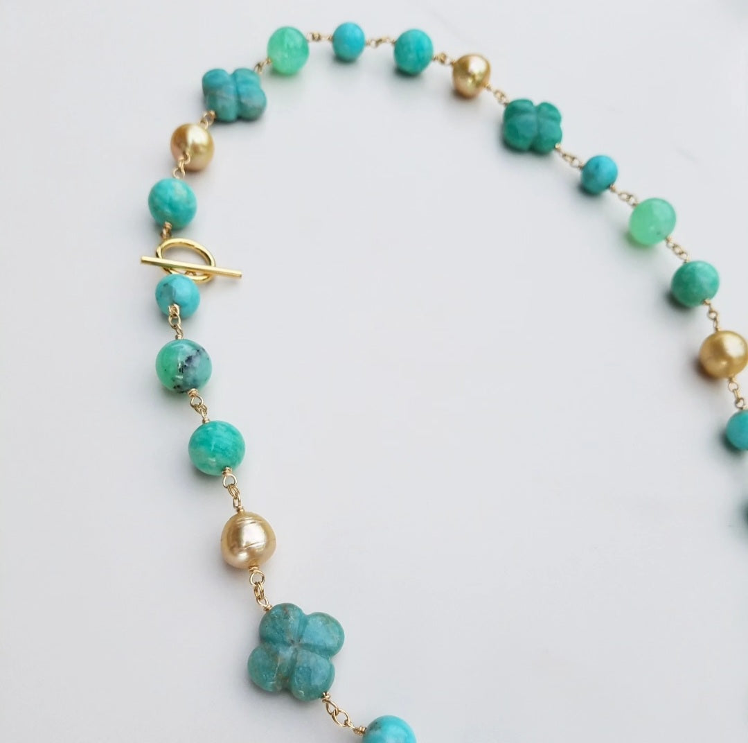 Golden Pearl, Chrysoprase, and Amazonite Necklace