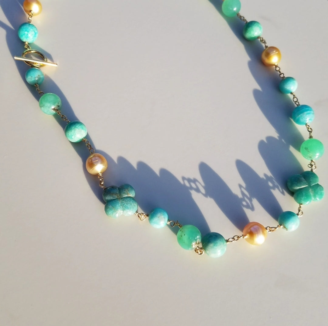 Golden Pearl, Chrysoprase, and Amazonite Necklace