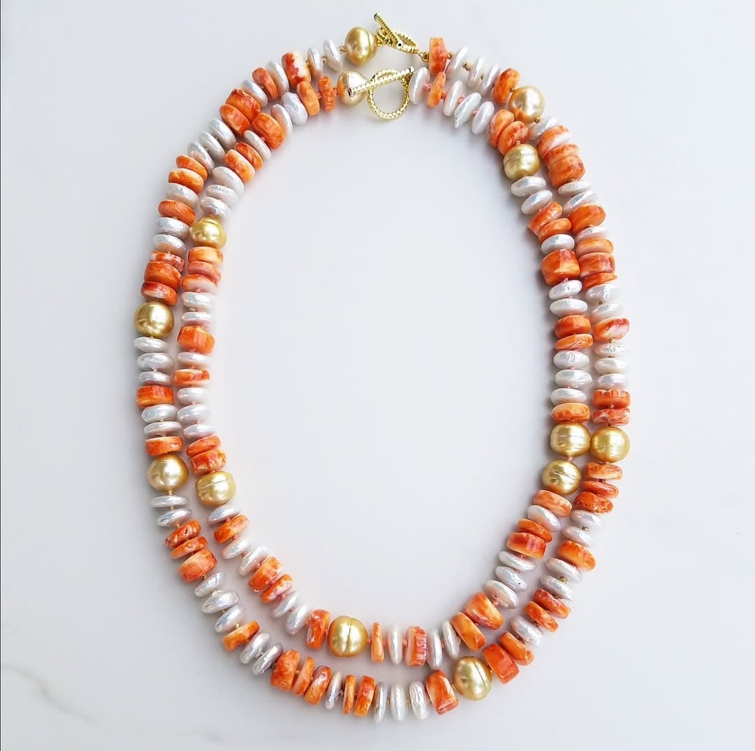 7 Gold South Sea Pearl Necklace with Fresh Water Pearl and Orange Shell