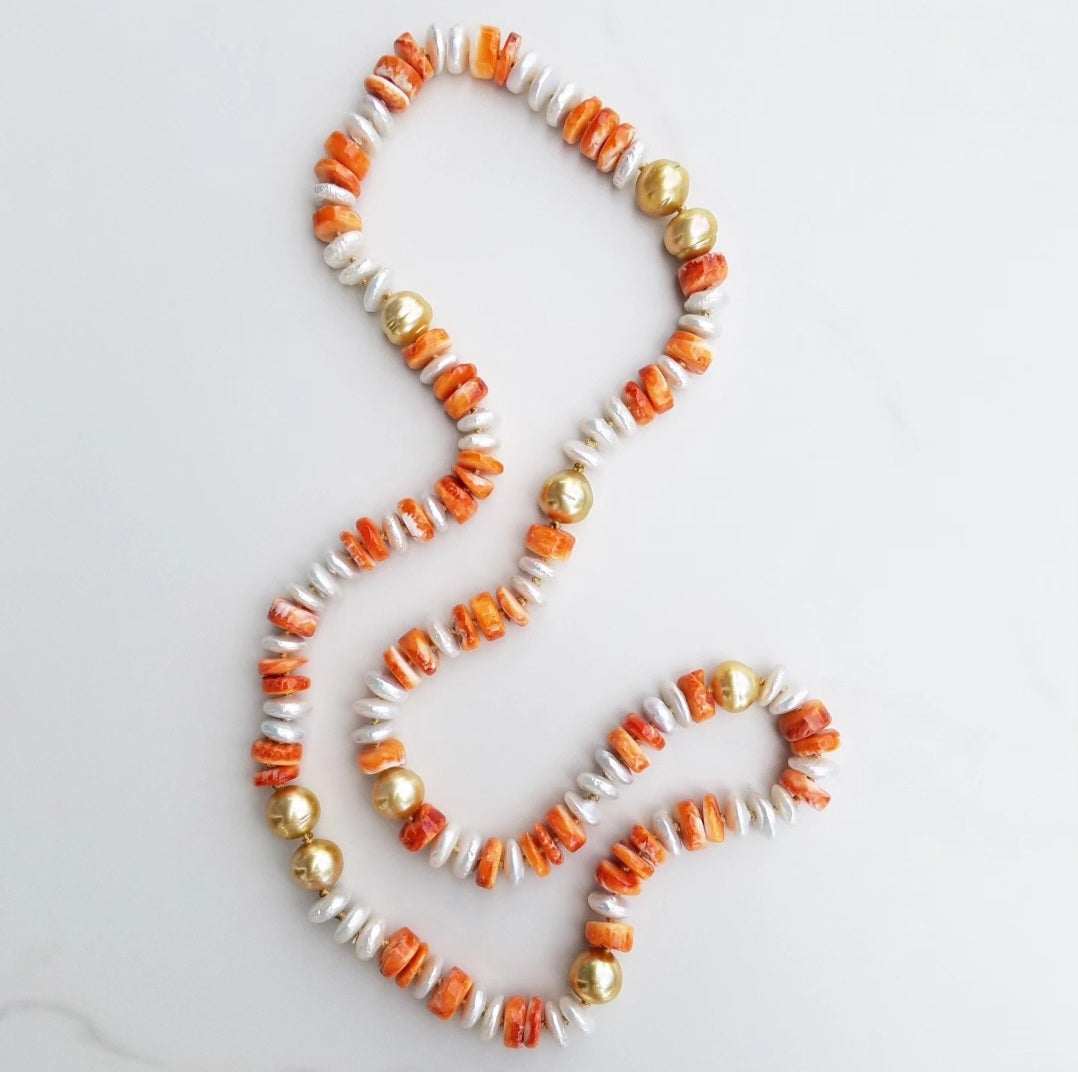9 Gold Pearl, Fresh Water Pearl, Orange Shell Necklace