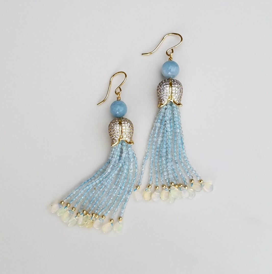 Aquamarine Opal Tassel Earrings