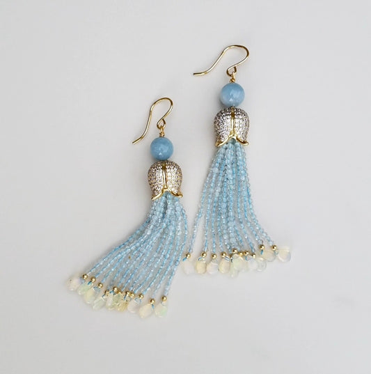 Aquamarine Opal Tassel Earrings