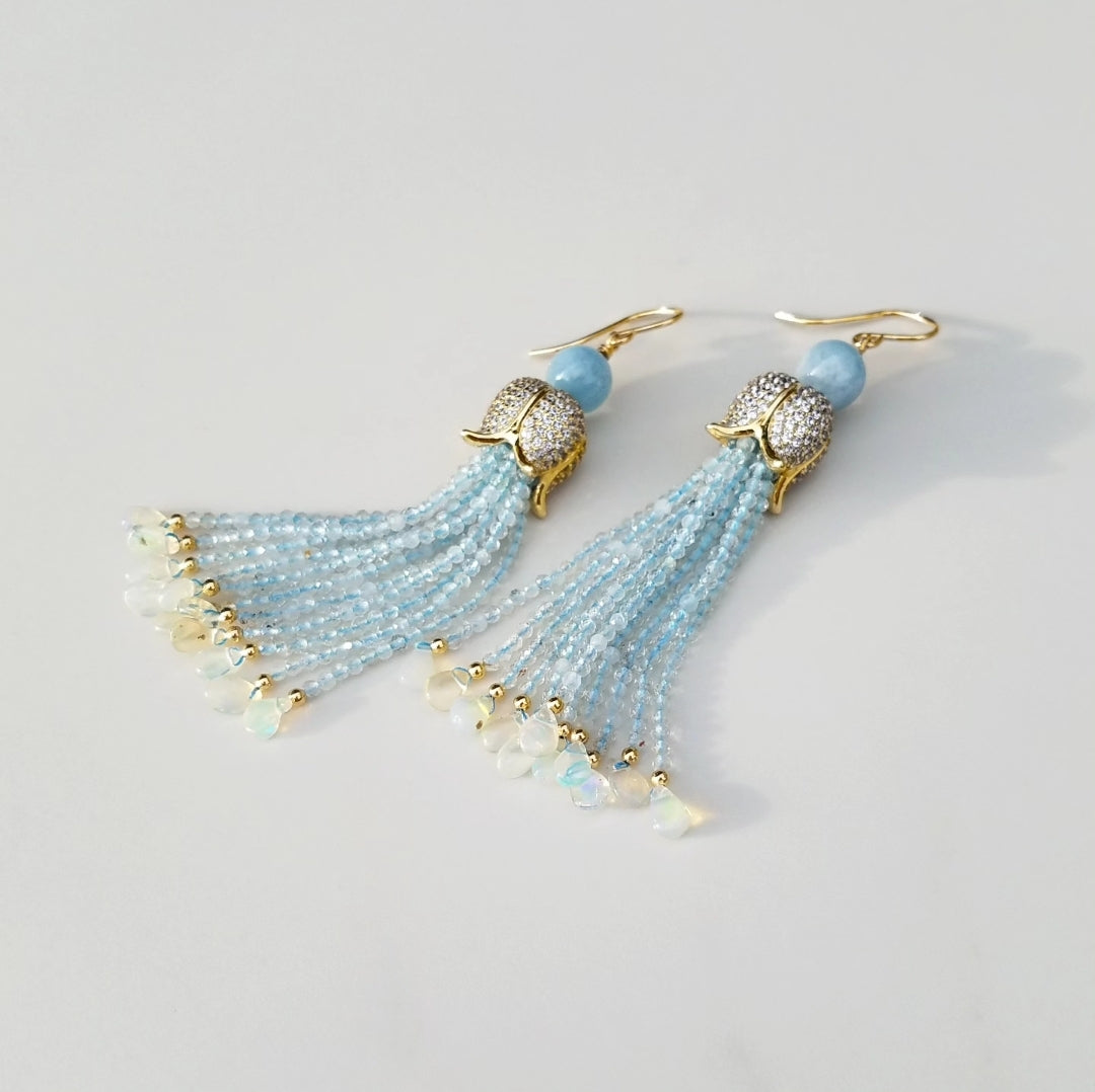 Aquamarine Opal Tassel Earrings