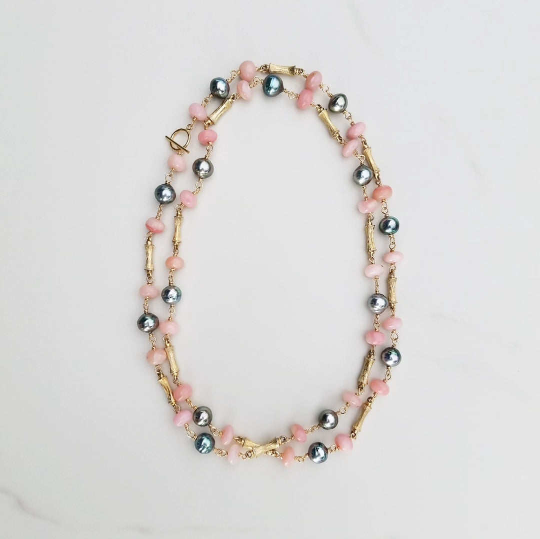 Vintage Bamboo Necklace Tahitian Pearl Pink Opal