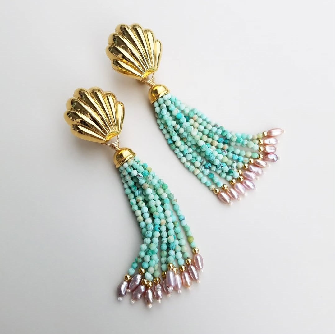 Vintage Shell Chrysocolla Tassel Earrings