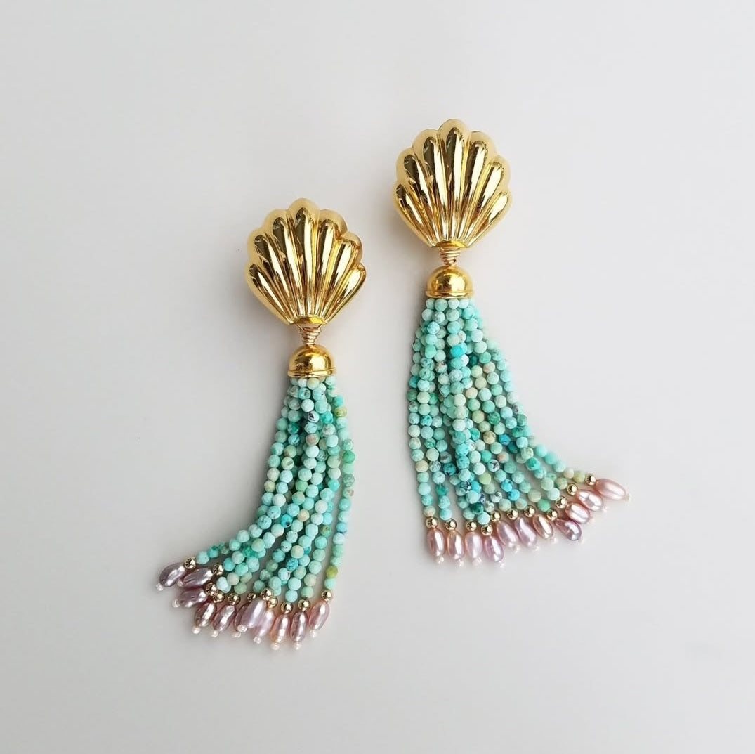 Vintage Shell Chrysocolla Tassel Earrings