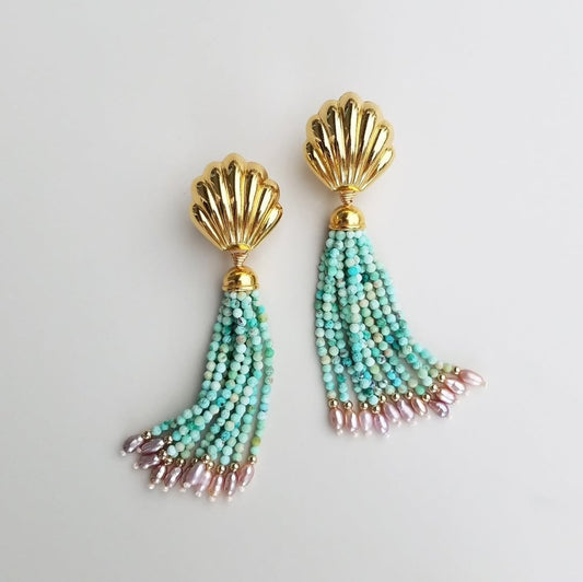 Vintage Shell Chrysocolla Tassel Earrings