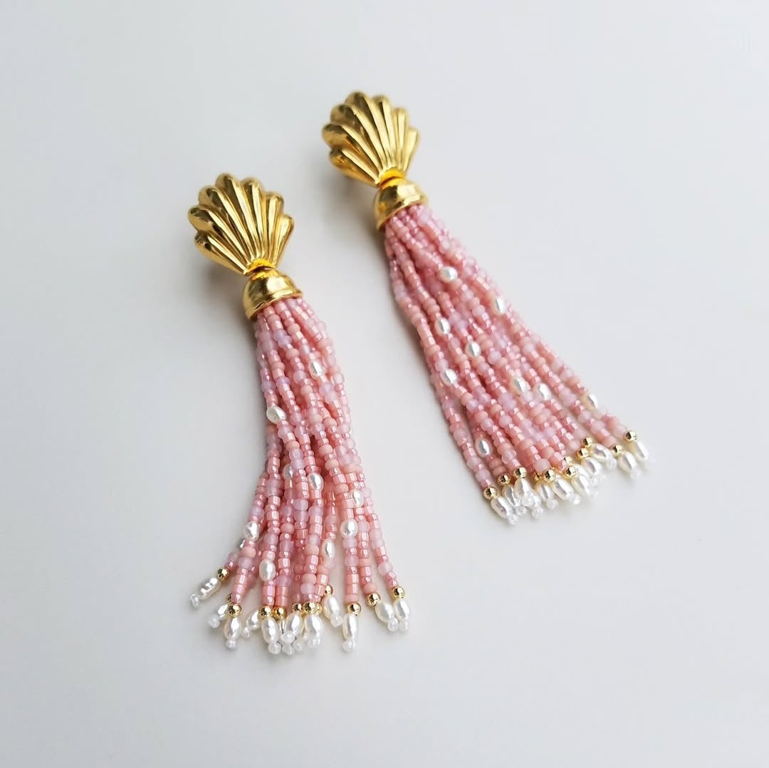 Vintage Shell Pink Tassel and Pearl Earrings