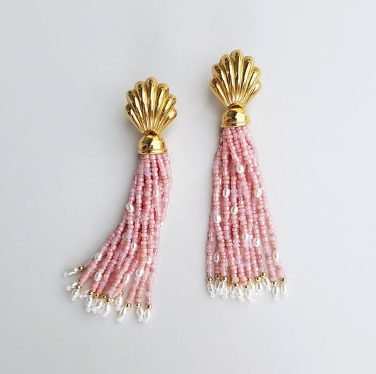 Vintage Shell Pink Tassel and Pearl Earrings