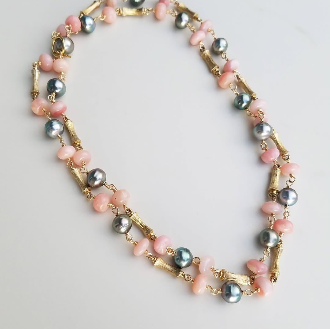 Vintage Bamboo Necklace Tahitian Pearl Pink Opal